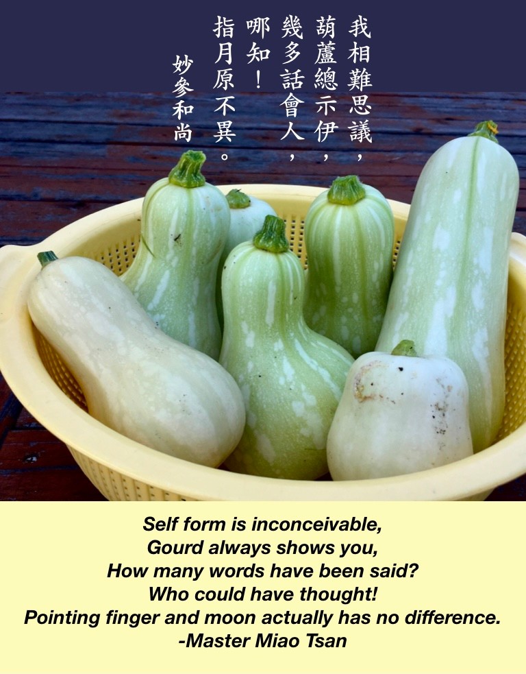 A plastic basket filled with squashes and the poem that says "Self form is inconceivable, Gourd always shows you, How many words have been said? Who could have thought! Pointing finger and moon actually has no difference. –Master Miao Tsan"